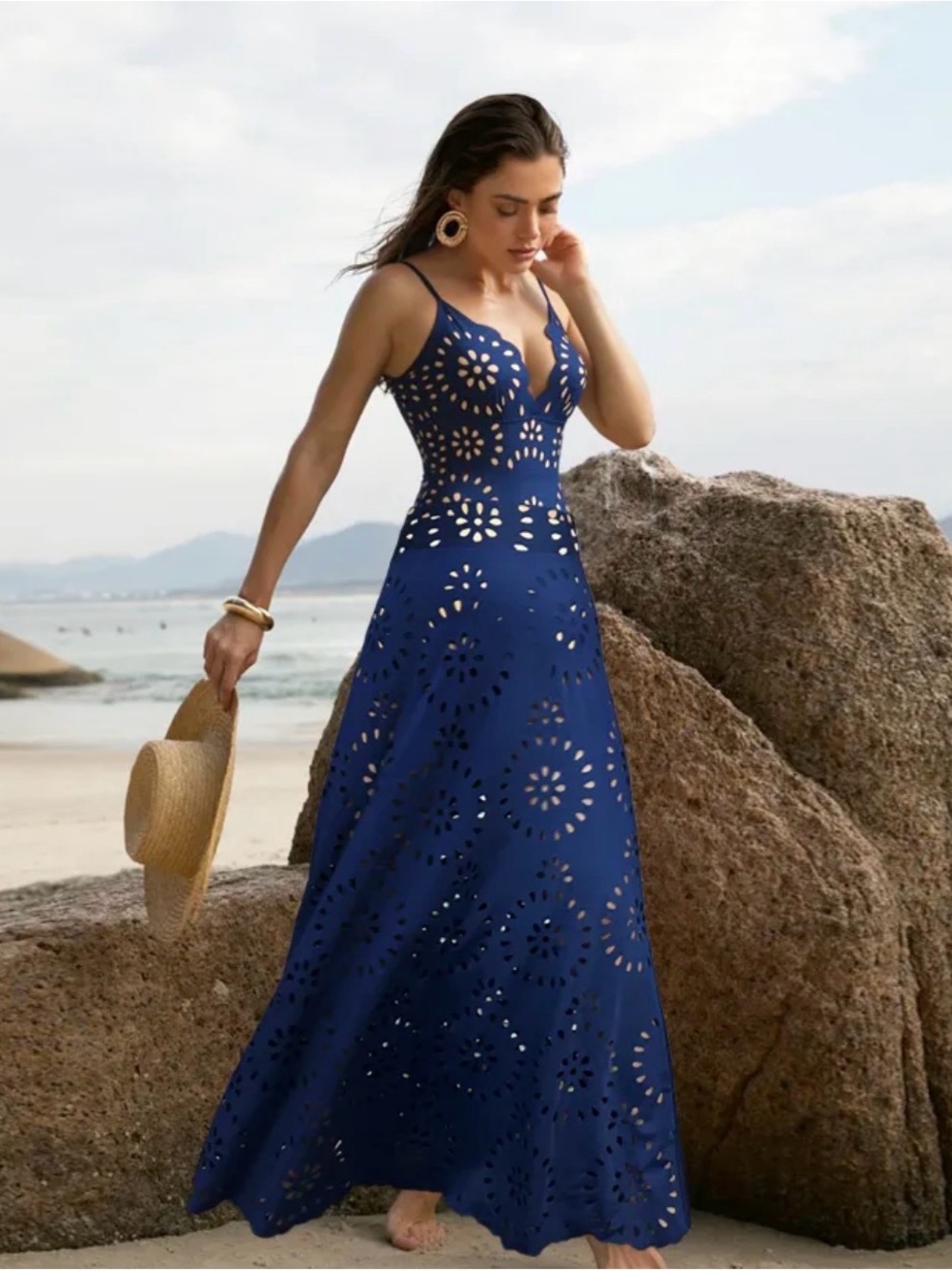 Navy Blue Laser-Cut Maxi Swim Dress with Spaghetti Straps